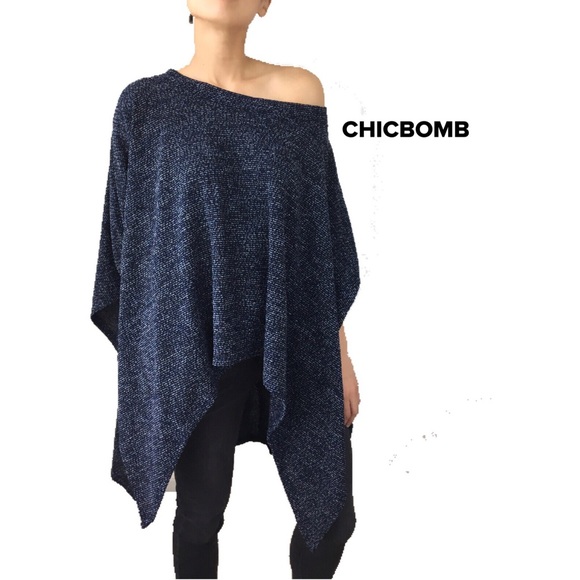 KNITTED DARK BLUE PONCHO CAPE TOP - DARK BLUE - Picture 4 of 8